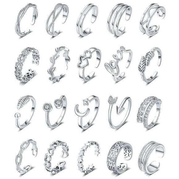 BijouStudios Toe Rings Jewelry - 18K White Gold Adjustable Boho Open Toe Rings - Set of 20